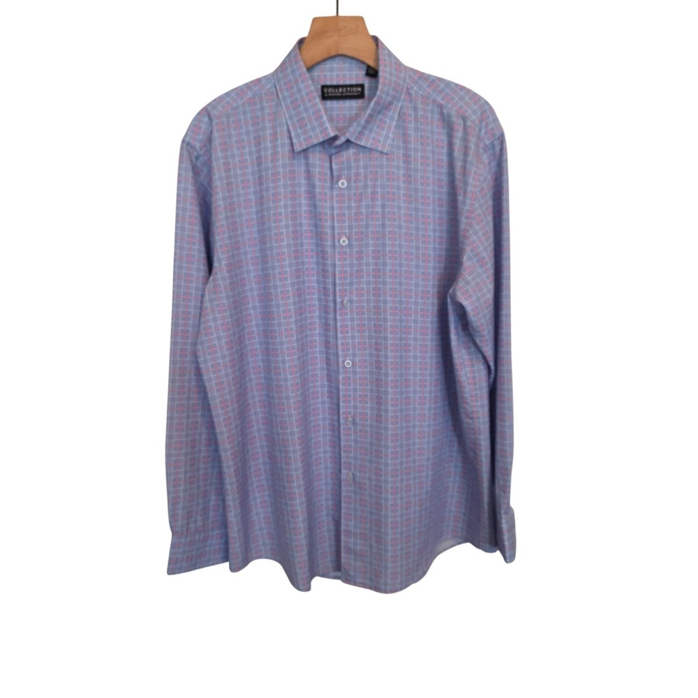Collection by Michael Strahan Dress Shirt Blue Pink White Stretch Large 16-16.5